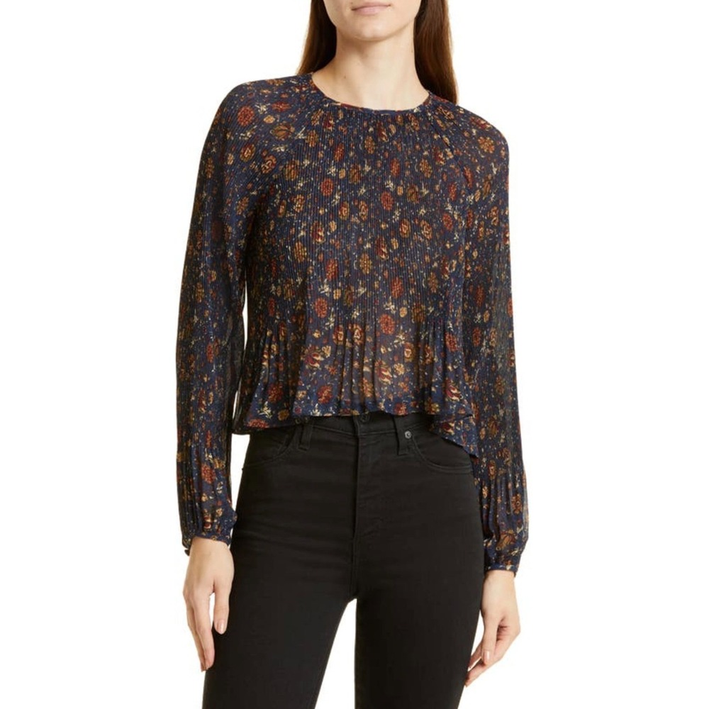 Veronica Beard Lewin Top Black Multi Floral Plisse Pleated Blouse Holiday Boho 4